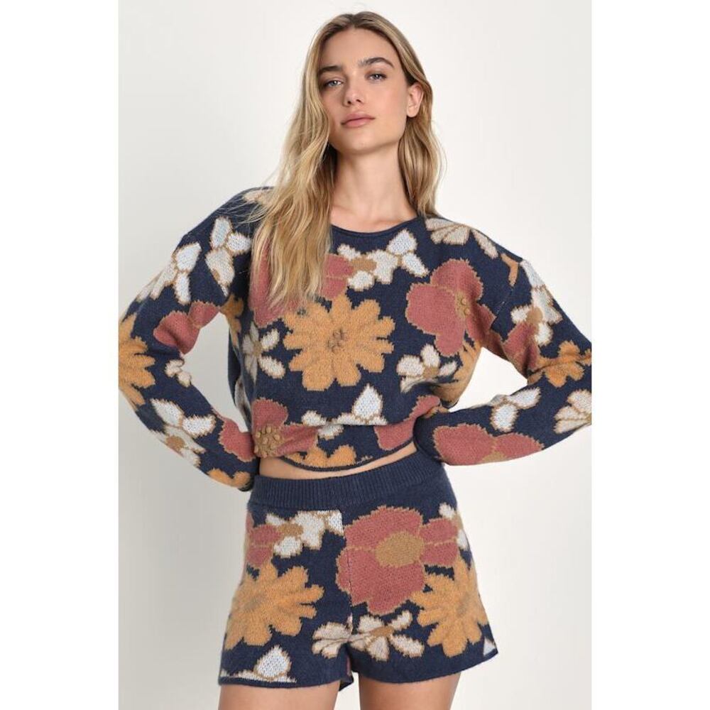 Lulus Thriving Weekend Navy Blue Floral Knit Lounge Shorts - Size M